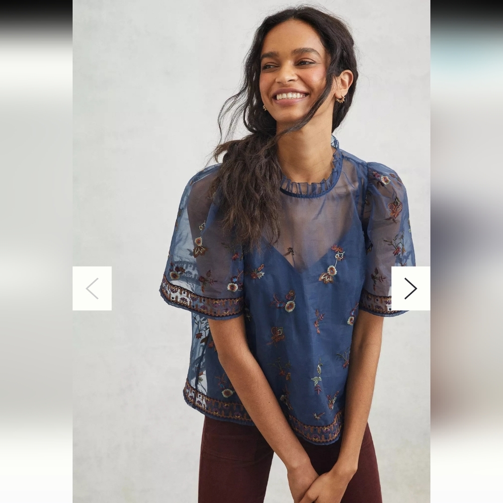 NWT Anthropologie Othilia Sheer Embroidered Puff-Sleeve Blouse - Size S - Picture 1 of 11